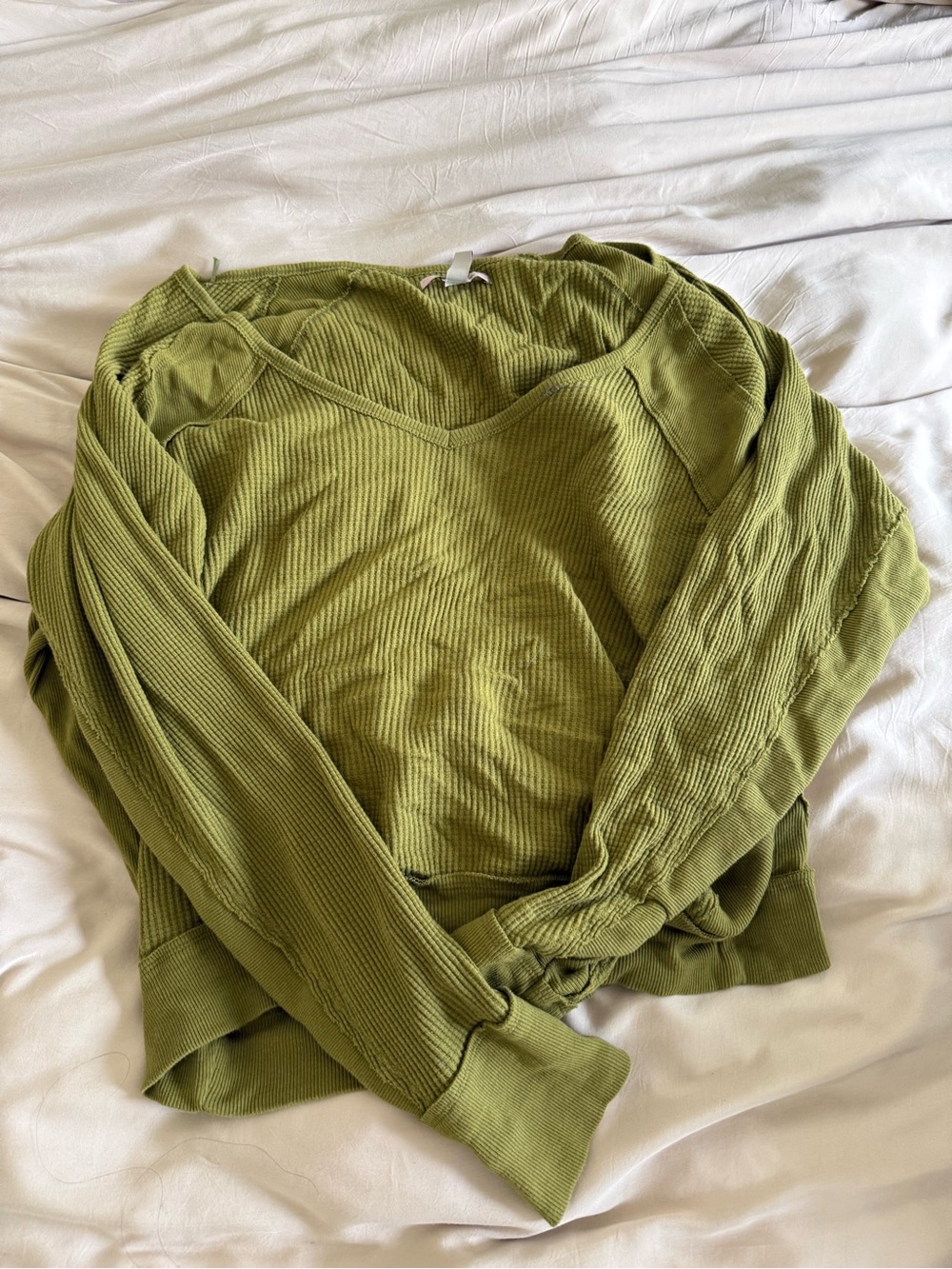 Free People Olive Green Ribbed V-Neck Pullover